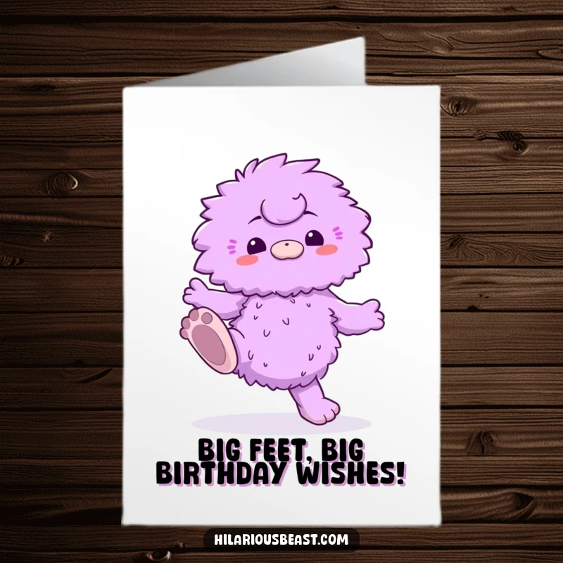Funny Free Printable Birthday Card: A fluffy purple creature with big feet enthusiastically doing a silly dance, full of birthday cheer.