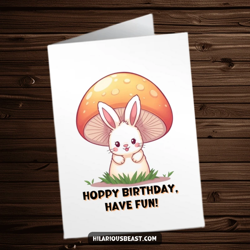 Funny Free Printable Birthday Card: A fluffy bunny playfully peeks from behind a giant, colorful mushroom.