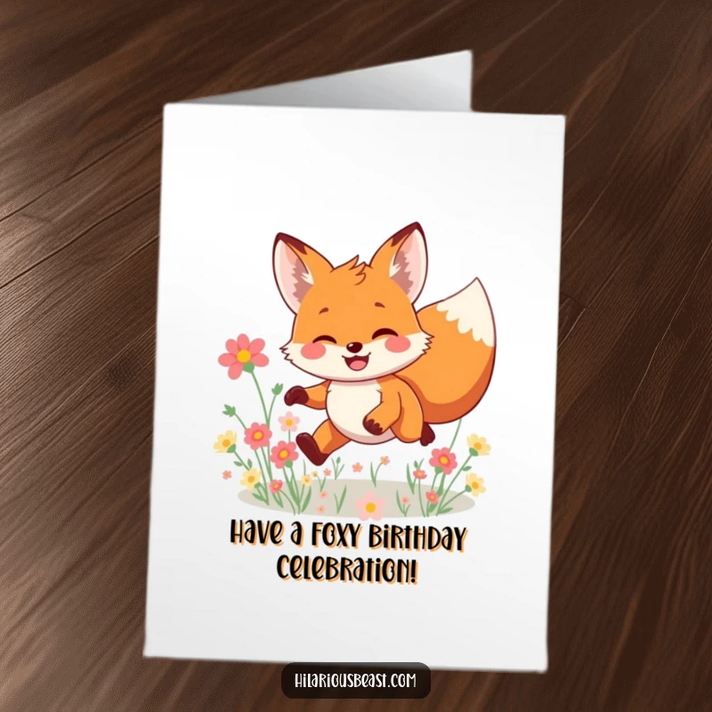 Funny Free Printable Birthday Card: Smiling fox character leaping joyfully through a colorful field of flowers, celebrating.