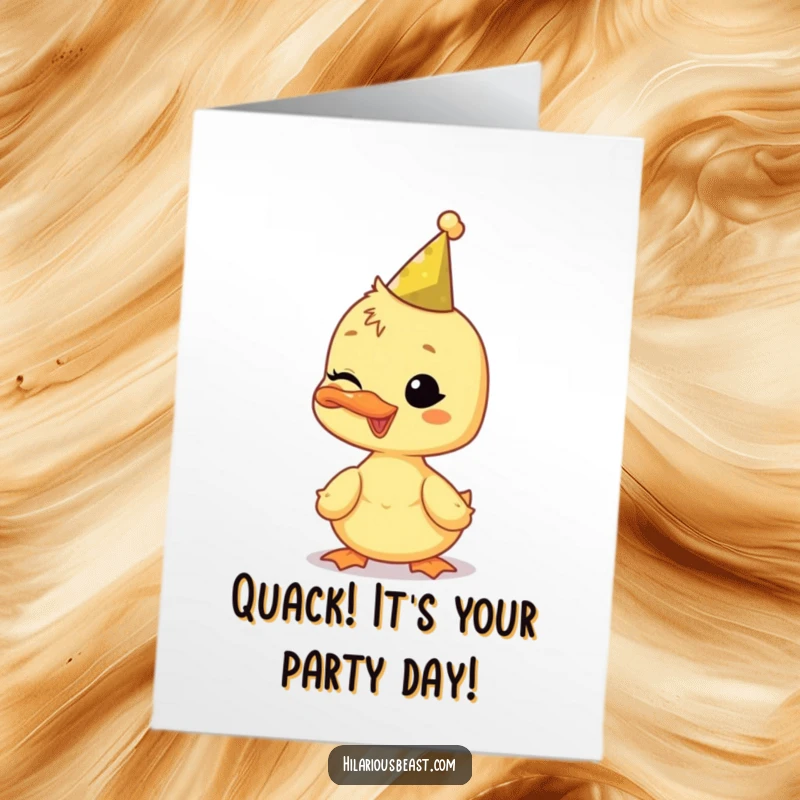 Funny Free Printable Birthday Card: A happy duckling in a tiny party hat winks cheekily, ready to celebrate your birthday.