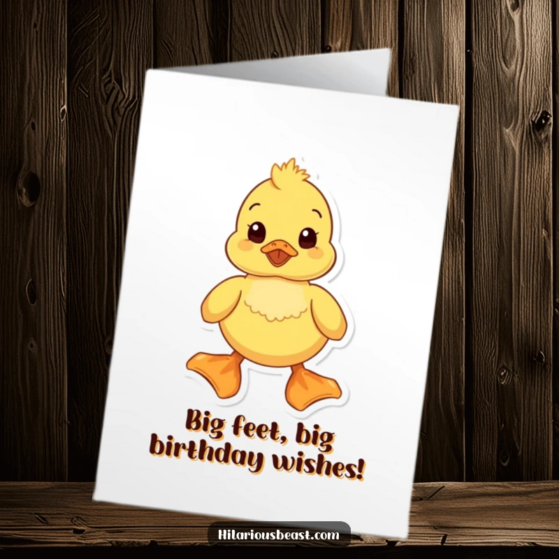 Funny free printable birthday card featuring a happy yellow duckling with enormous feet, waddling joyfully. A downloadable delight!