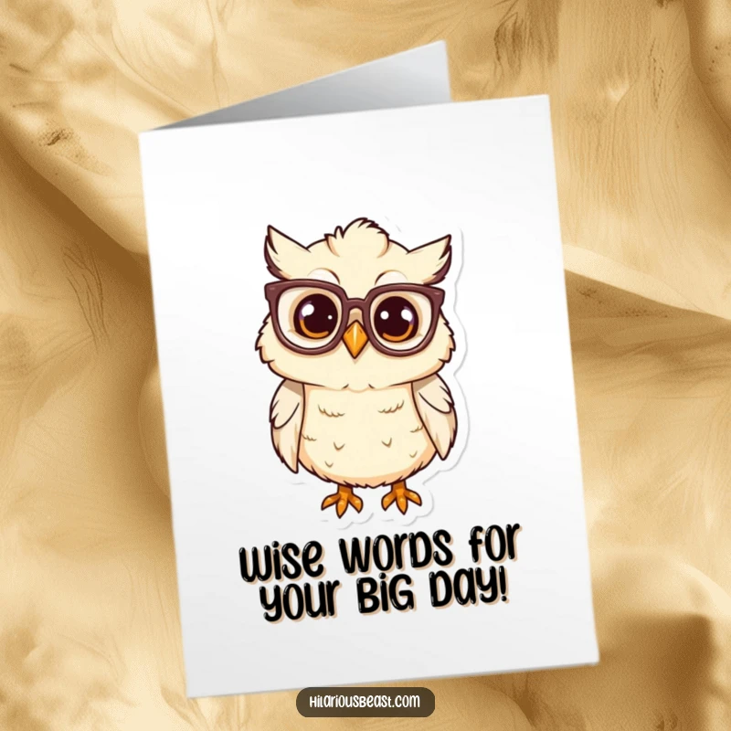 Funny Free Printable Owl Birthday Card: Curious chick in oversized glasses tilts head, ready for fun.