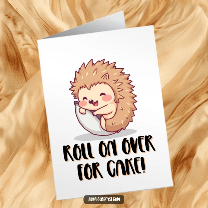 Funny free printable birthday card featuring a cheerful hedgehog rolling into a ball and popping back up with a smile.