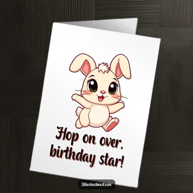 Funny Free Printable Birthday Card: A cartoon bunny with large eyes and floppy ears is hopping with pure, unadulterated joy.