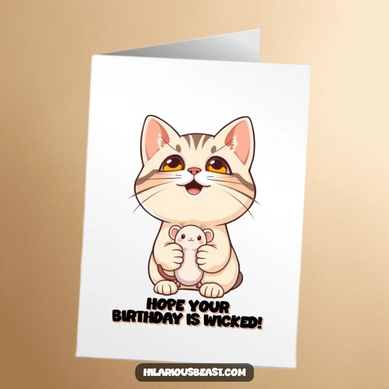 Funny Free Printable Birthday Card: A mischievous cat with a grin holding a tiny mouse toy, perfect for tricksters.