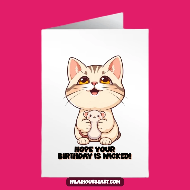 Free Printable Mischievous Cat Birthday Card: Funny Mouse Toy Downloadable Gift