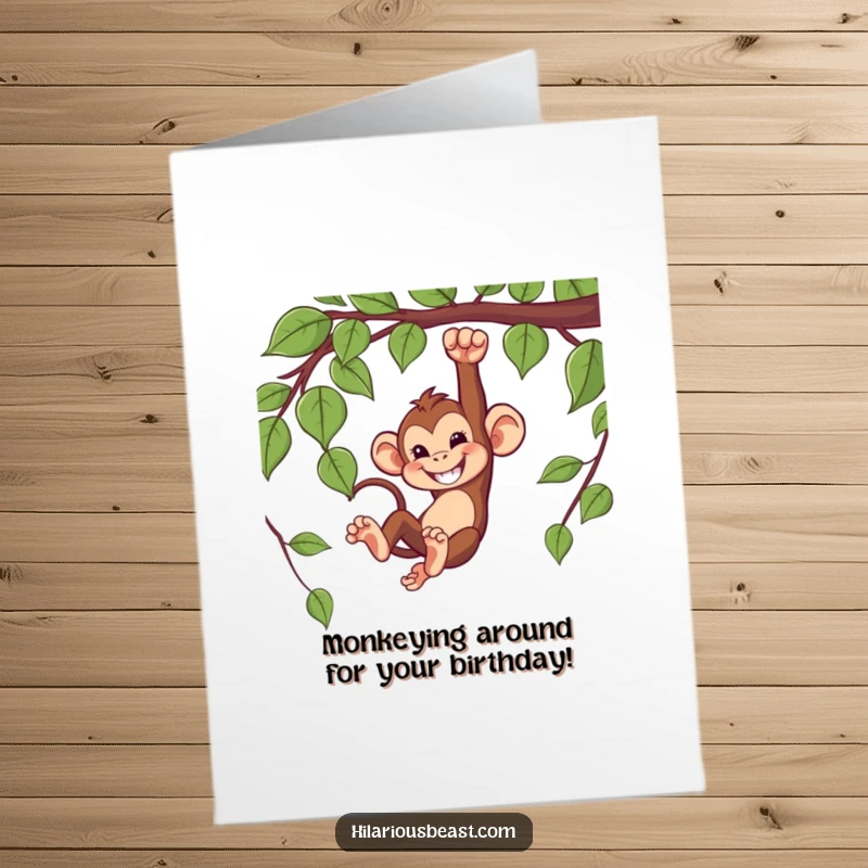 Funny Free Printable Happy Birthday card featuring a mischievous monkey swinging from a vine with a wide, cheeky grin.