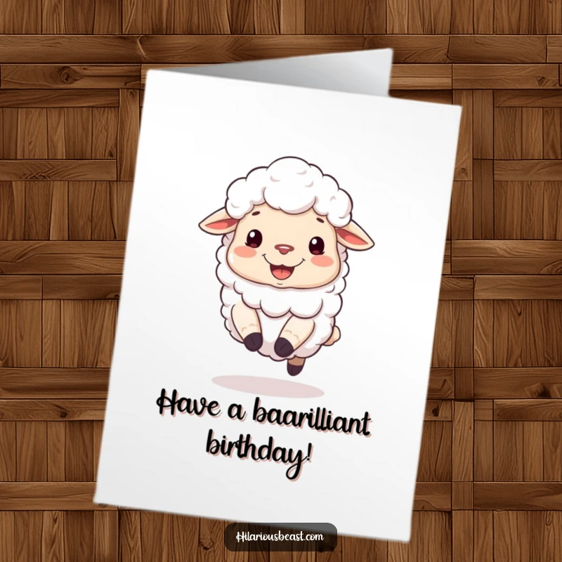 Funny Free Printable Happy Birthday card featuring a fluffy sheep with a silly grin, joyfully bouncing on its hooves.