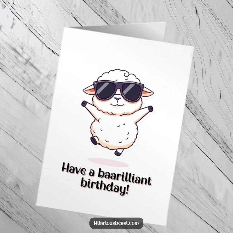 Funny Free Printable Birthday Card of a fluffy sheep wearing oversized sunglasses, doing a silly, joyful hop.