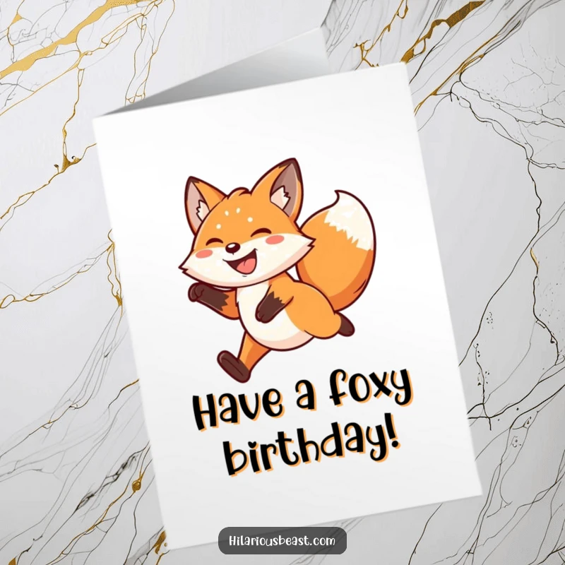 Funny Free Printable Birthday Card: A kawaii fox grins broadly, tail wagging furiously as it performs an energetic leap mid-air, full of birthday excitement.
