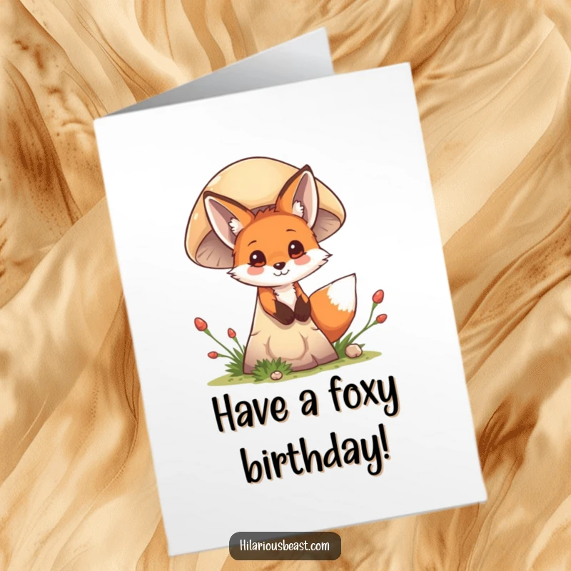Funny Free Printable Fox Birthday Card: Mischievous cub peeking playfully from behind a giant mushroom, ready to surprise.