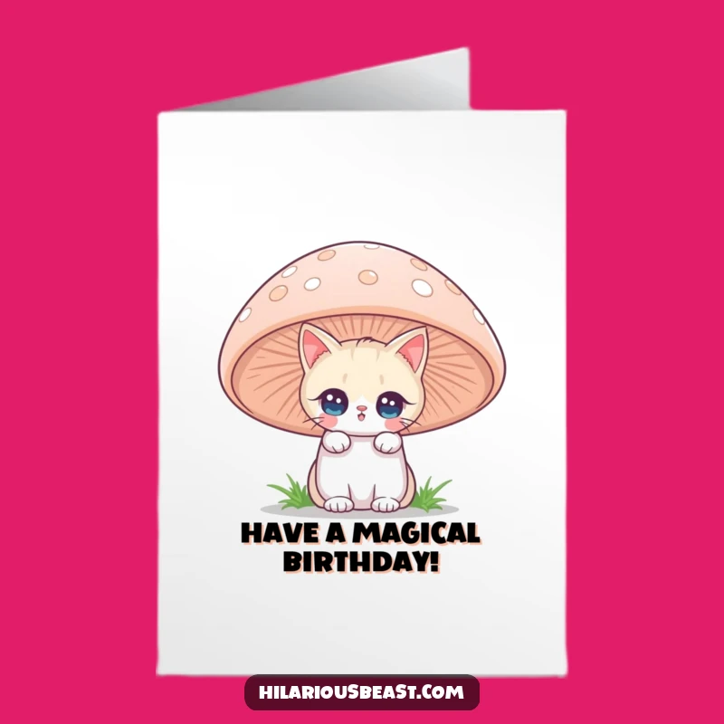 Free Printable Magical Cat Card: Funny Mushroom Birthday Downloadable Gift