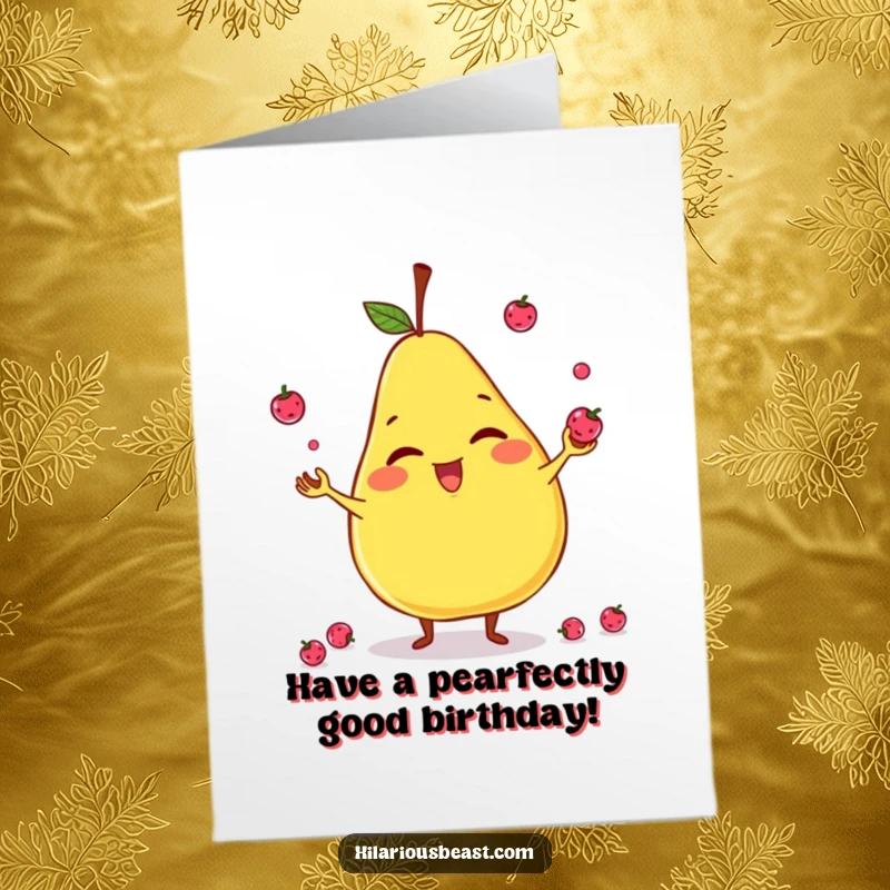 Funny Free Printable Birthday Card featuring a giggling, slightly lopsided pear character skillfully juggling tiny, colorful berries.