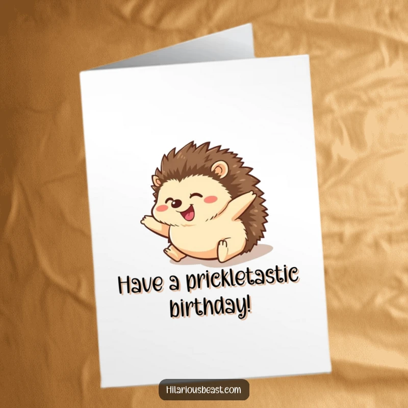 Funny Free Printable Birthday Card: A chubby hedgehog joyfully rolls downhill with paws spread wide, embodying pure amusement and birthday fun.