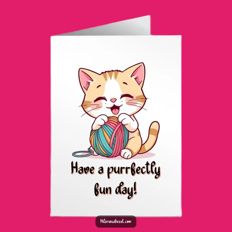 Free Printable Playful Cat Birthday Card: Funny Yarn Lover Downloadable Gift
