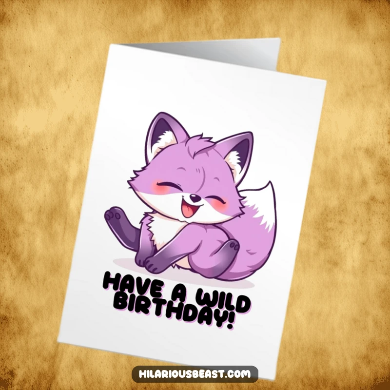 Funny Free Printable birthday card of a purple fox cub tumbling head over heels with pure glee, a hilarious DIY.