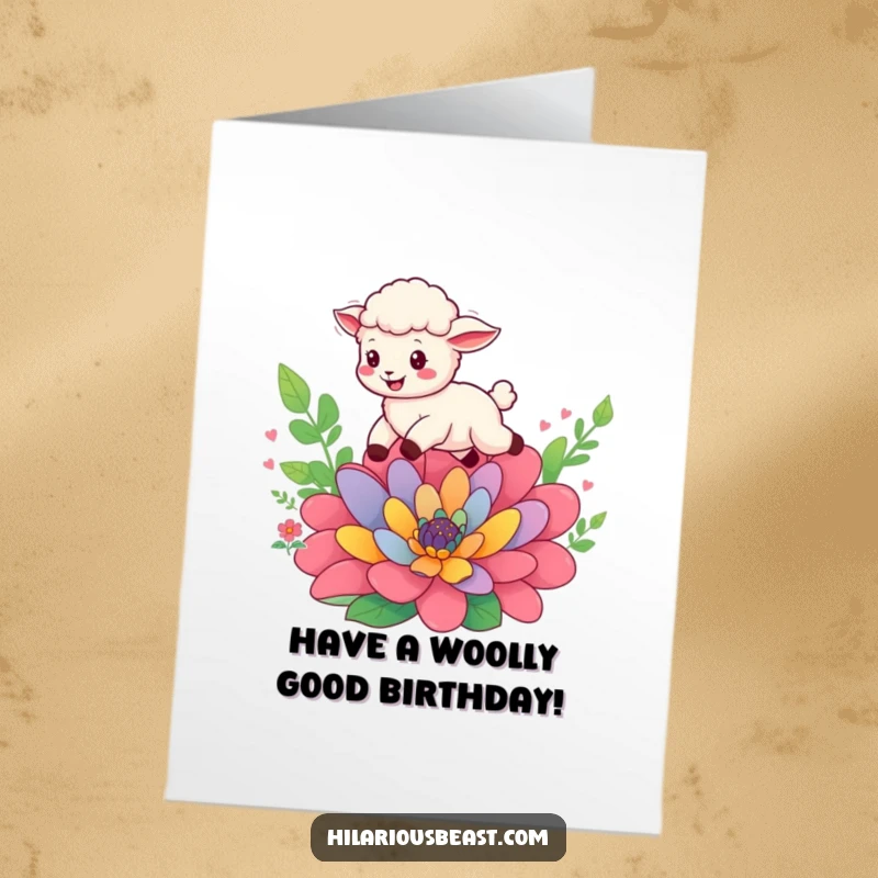 Funny Free Printable Sheep Birthday Card: Cheerful cub leaping joyfully over a large, colorful flower, mid-air delight.