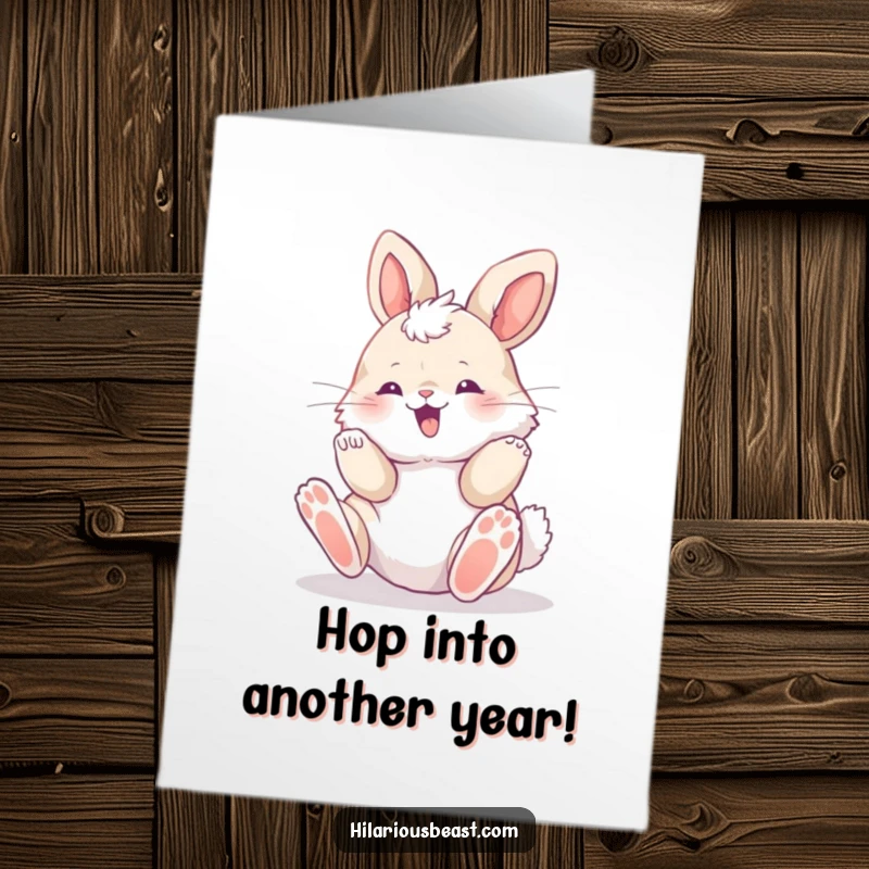 Funny Free Printable Bunny Birthday Card: Fluffy cub rolling with delight on its back, paws joyfully in the air.