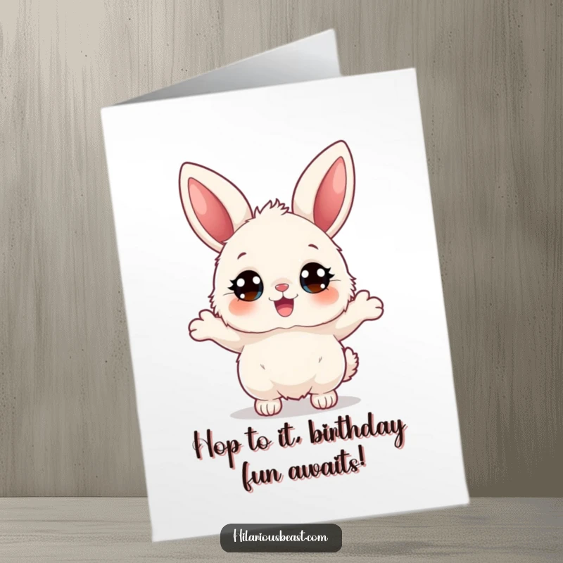 Funny Free Printable Birthday Card: Fluffy bunny character with big eyes, bouncing joyfully with excitement for the birthday.