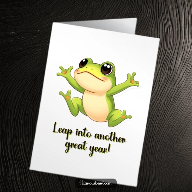 Funny free printable birthday card showing a small green frog leaping high with a comically surprised expression. A downloadable surprise!