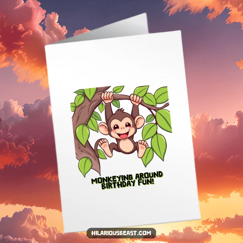 Funny Free Printable Birthday Card: A mischievous monkey swinging from a vine with a wide, cheeky grin.