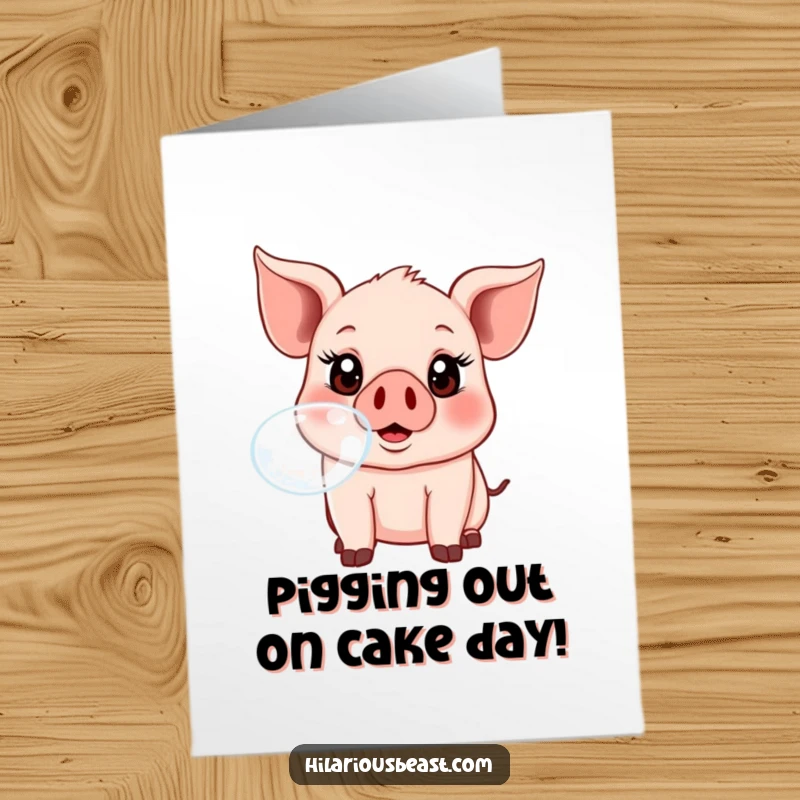 Funny free printable birthday card featuring a silly piglet with huge excited eyes blowing a giant bubble, perfect for a laugh.