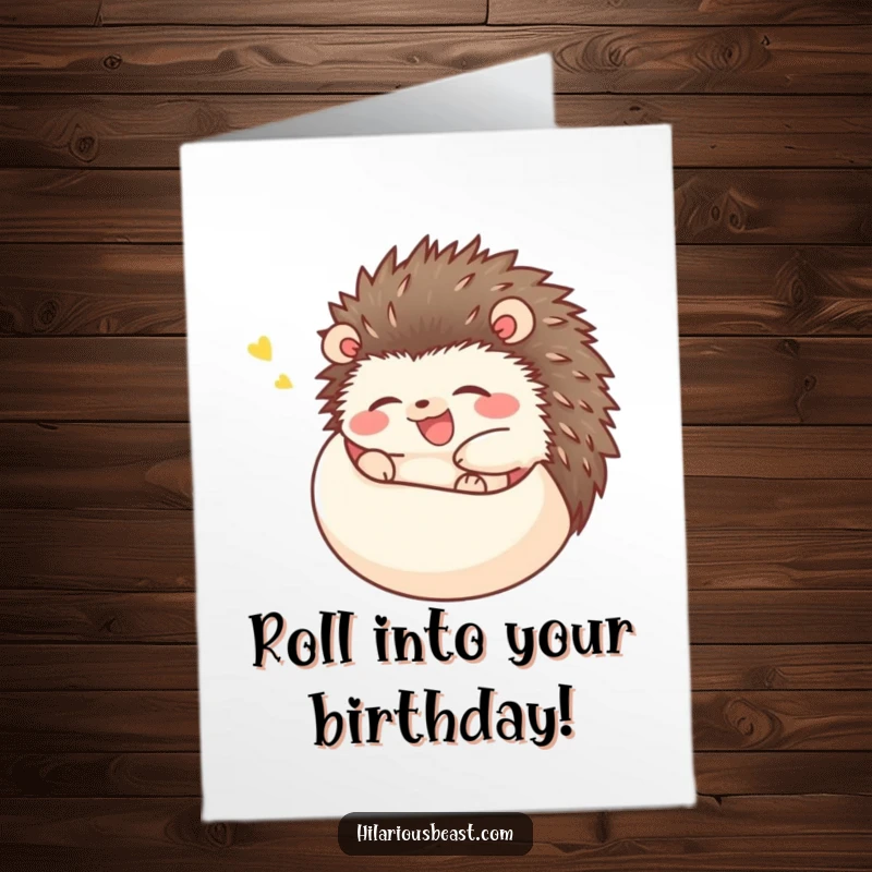 Funny Free Printable Birthday Card featuring a happy hedgehog curled into a ball, giggling uncontrollably.