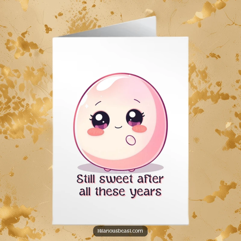 Funny Free Printable Birthday Card: Shy blob with sparkly eyes peeking from behind a wiggling jellybean, a cute and comical greeting.