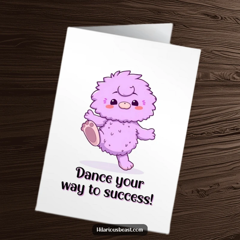 Free Printable Congratulations Card: A fluffy purple creature with oversized feet is joyfully doing a wacky dance, celebrating success.