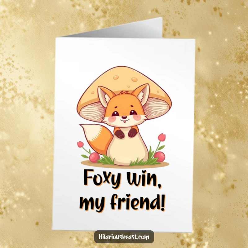 Funny Free Printable Congratulations Card: A fox giggles, peeking from behind a large, unstable mushroom.
