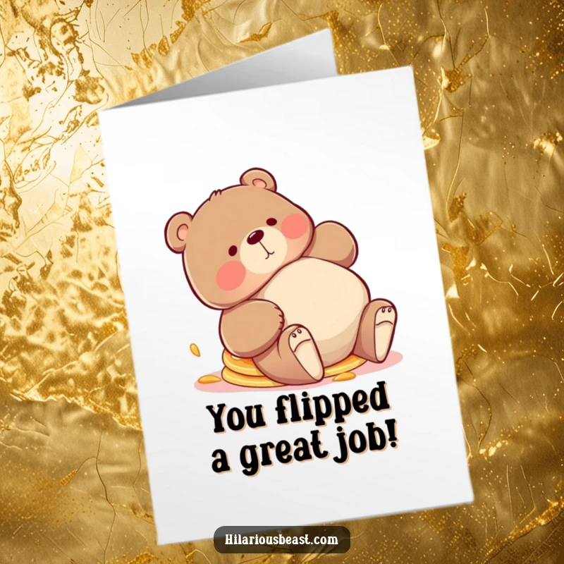Funny Free Printable congratulations card featuring a chubby bear tripping playfully amidst a stack of askew pancakes, celebrating an achievement.