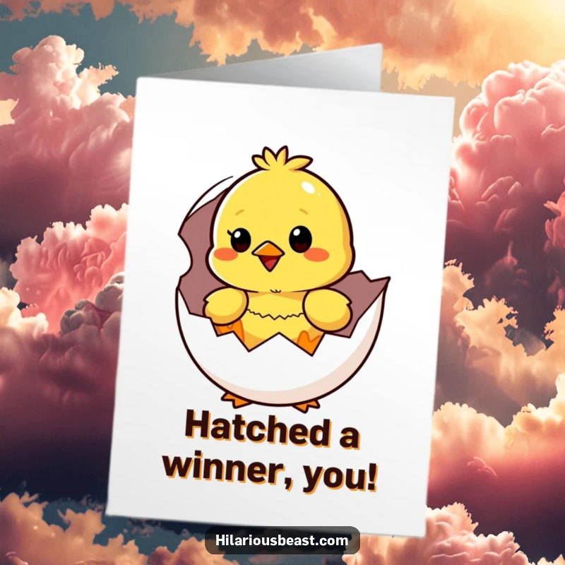 Funny Free Printable congratulations card of a yellow chick looking happily surprised while hatching from its egg, a great download.