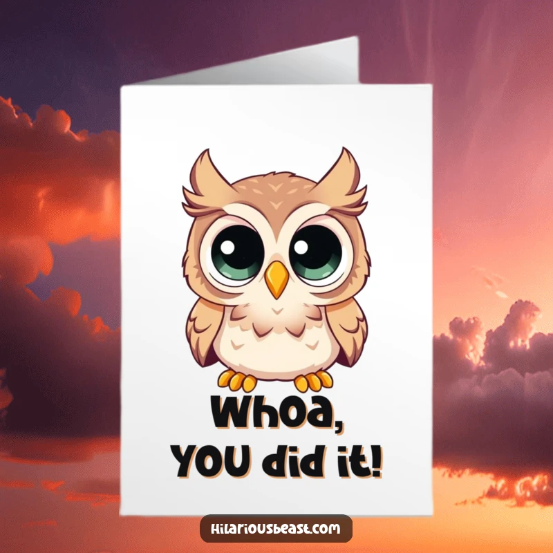Funny free printable congratulations card showcasing a curious owl with huge eyes, expressing comical surprise at the wonderful news.