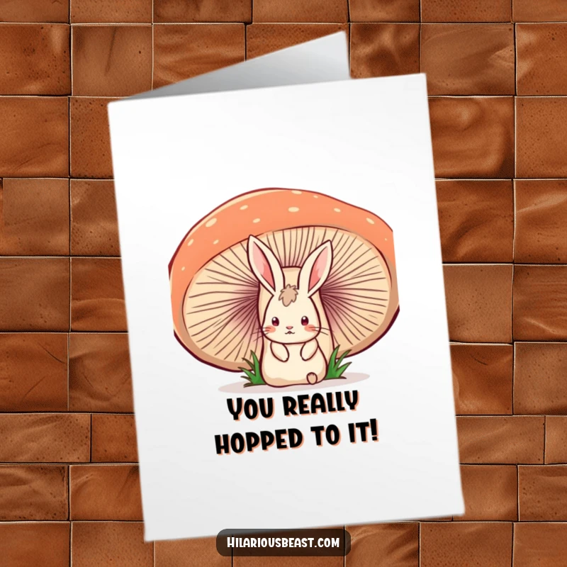 Funny free printable congratulations card showing a startled rabbit peeking from a giant wobbly mushroom, ideal for surprising someone with good news.