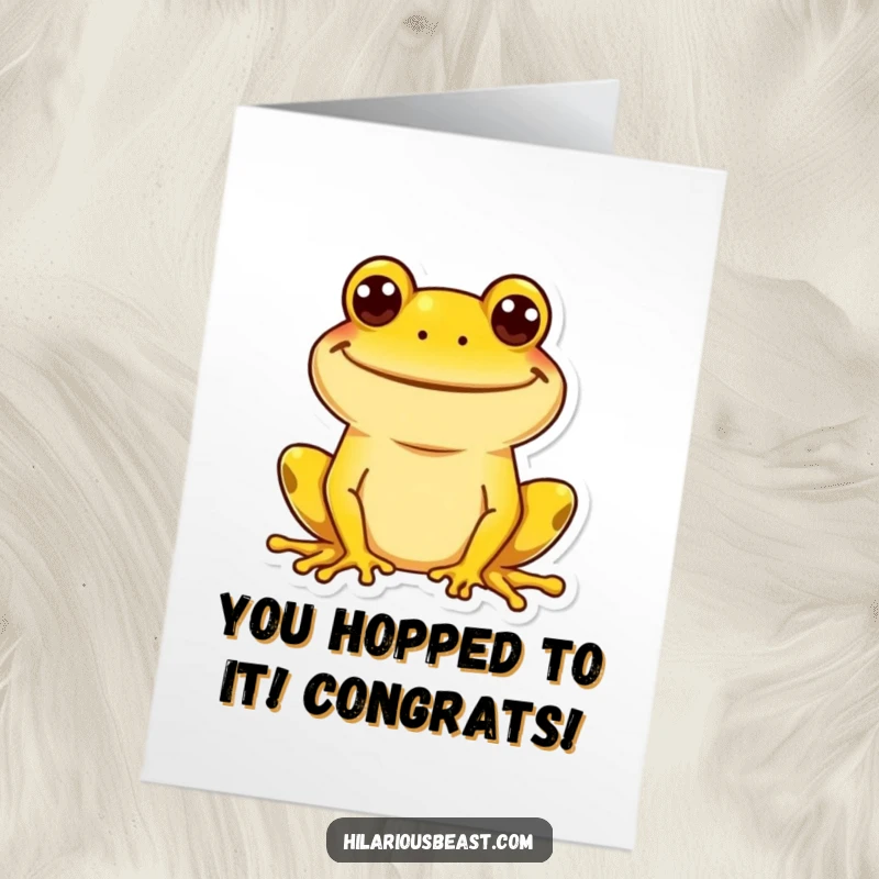 Funny Free Printable Congratulations Card showing a yellow frog with a wide, goofy grin, celebrating an achievement.