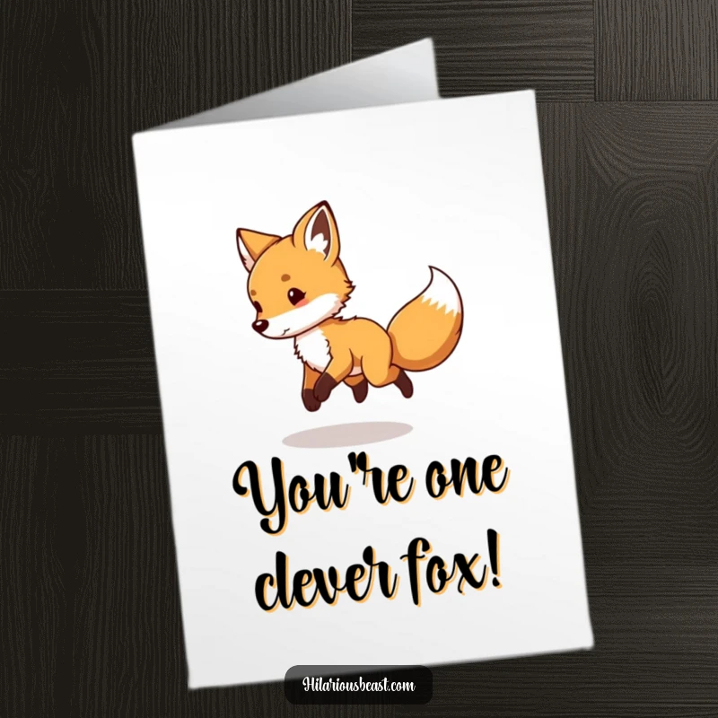 Free Printable Congratulations Card: A playful fox cub chasing its tail in circles, symbolizing enthusiastic pursuit of goals.