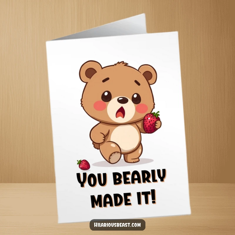 Funny free printable congratulations card showing a surprised brown bear cub tripping with a berry.