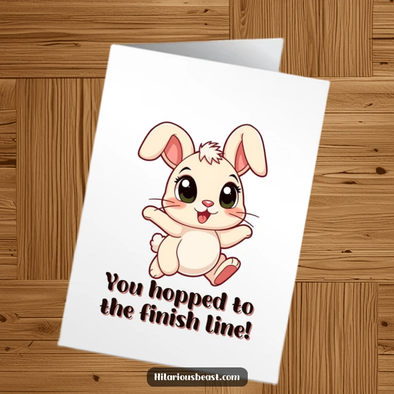 Funny Free Printable Congratulations Card: A cartoon bunny with large eyes and forward-flopped ears hops ecstatically, celebrating success.