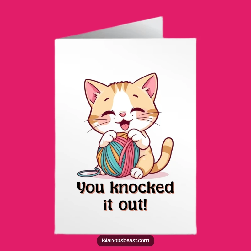 Free Printable Cat Congrats Card: Funny Yarn Ball Downloadable Gift for Wins