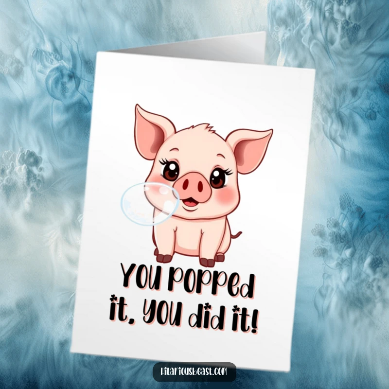 Funny free printable congratulations card showing a piglet joyfully blowing a large, shimmering bubble, a delightful celebratory download.