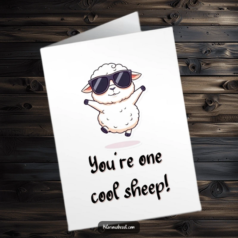 Funny Free Printable Congratulations Card showing a fluffy sheep in oversized sunglasses, doing a silly hop to celebrate success.