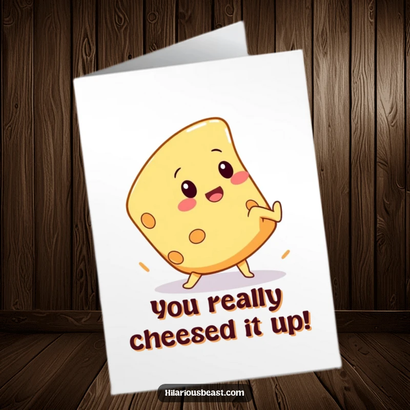 Funny Free Printable Congratulations Card showing a squeaky cheese wedge character mid-cartwheel, a humorous celebration of success.