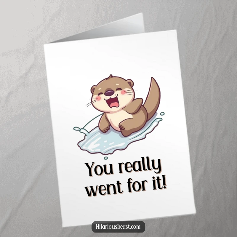 Funny Free Printable Otter Congratulations Card: A giggling otter sliding down a slippery hill, creating a fun water splash.