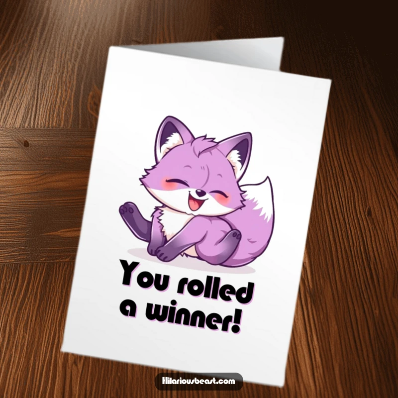 Funny Free Printable congratulations card of a purple fox cub joyfully tumbling head over heels, an exciting download.