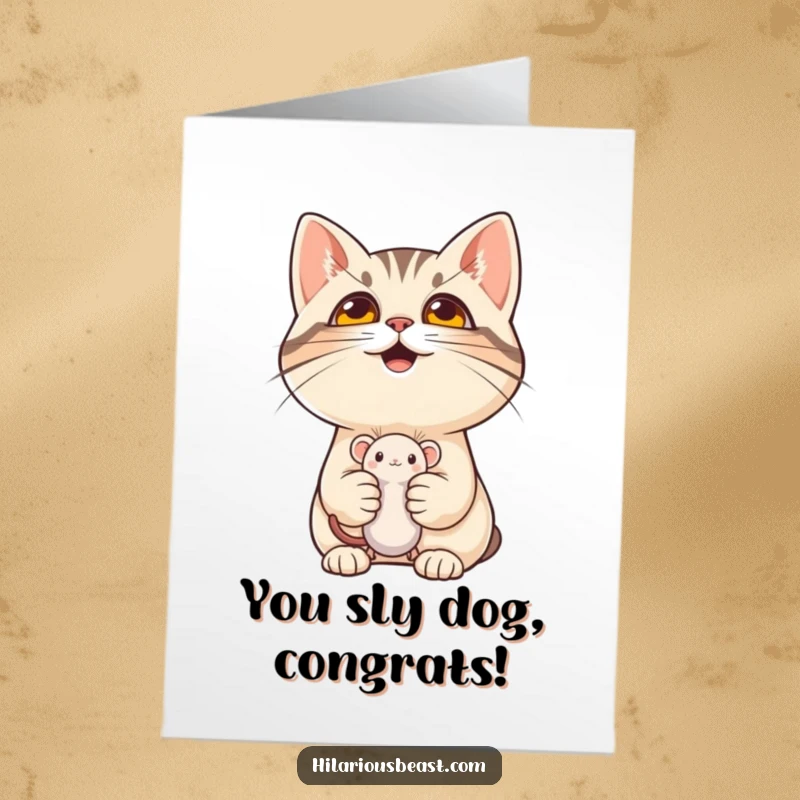 Funny Free Printable Congratulations Card: A cat with a mischievous grin holding a mouse toy, a funny downloadable gift.