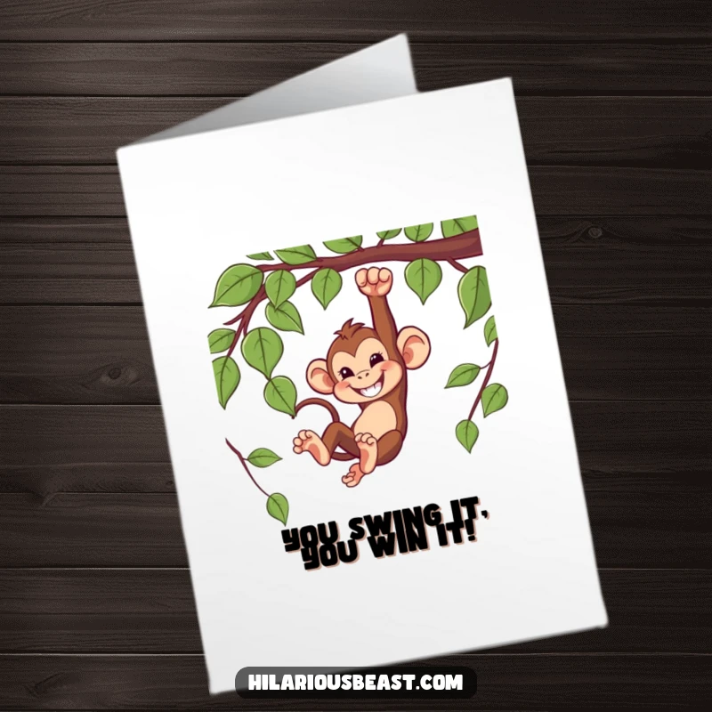 Funny Free Printable Congratulations card of a mischievous monkey swinging from a vine, grinning about a success.