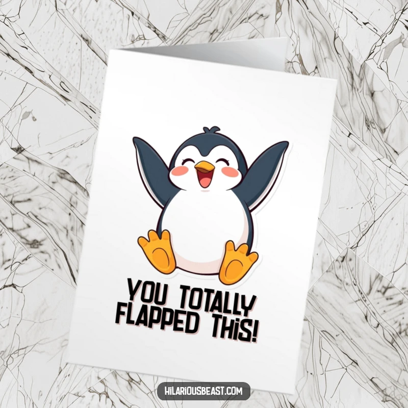 Funny free printable congratulations card with a delighted penguin flapping its wings enthusiastically, perfect for celebrating big wins.