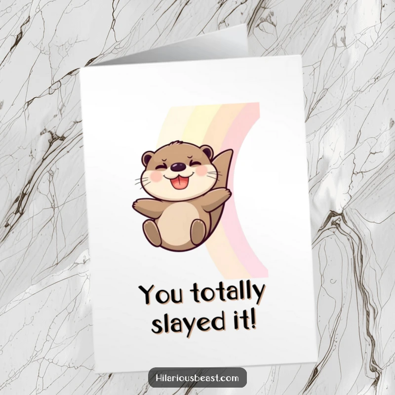 Free printable congratulations card showing a grinning otter joyfully sliding down a rainbow, celebrating success.