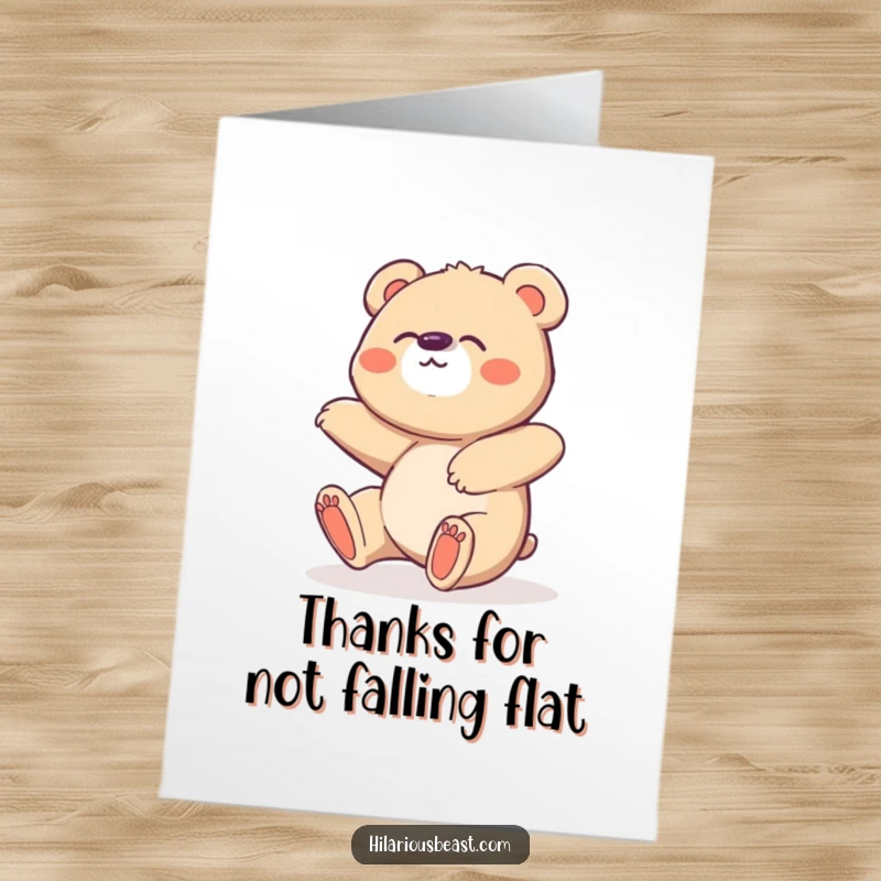Funny free printable thank you card depicting a clumsy bear cub tripping and giggling, expressing heartfelt thanks.
