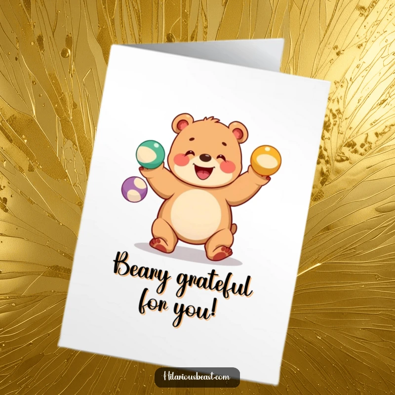 Funny Free Printable Thank You Card: A chubby bear cub juggling colorful balls with a wide grin, showing thanks.
